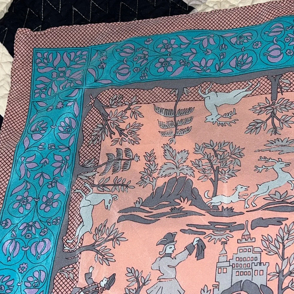 Vintage Chloe Square Silk Scarf  32” pink & turquoise